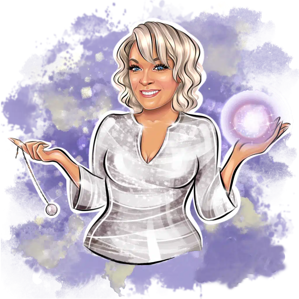 Caricature of Angela Ahosaari, Calgary psychic medium at Insight Intuitive, smiling while holding a crystal ball in one hand and a swinging pendulum in the other hand.